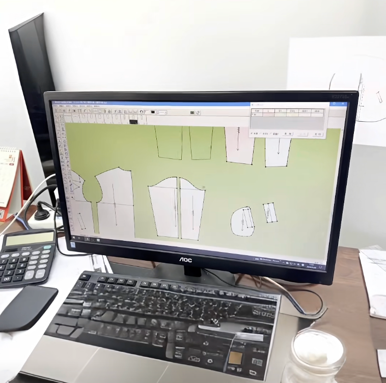 電腦螢幕顯示 CAD 軟體中的數位服裝版型裁片